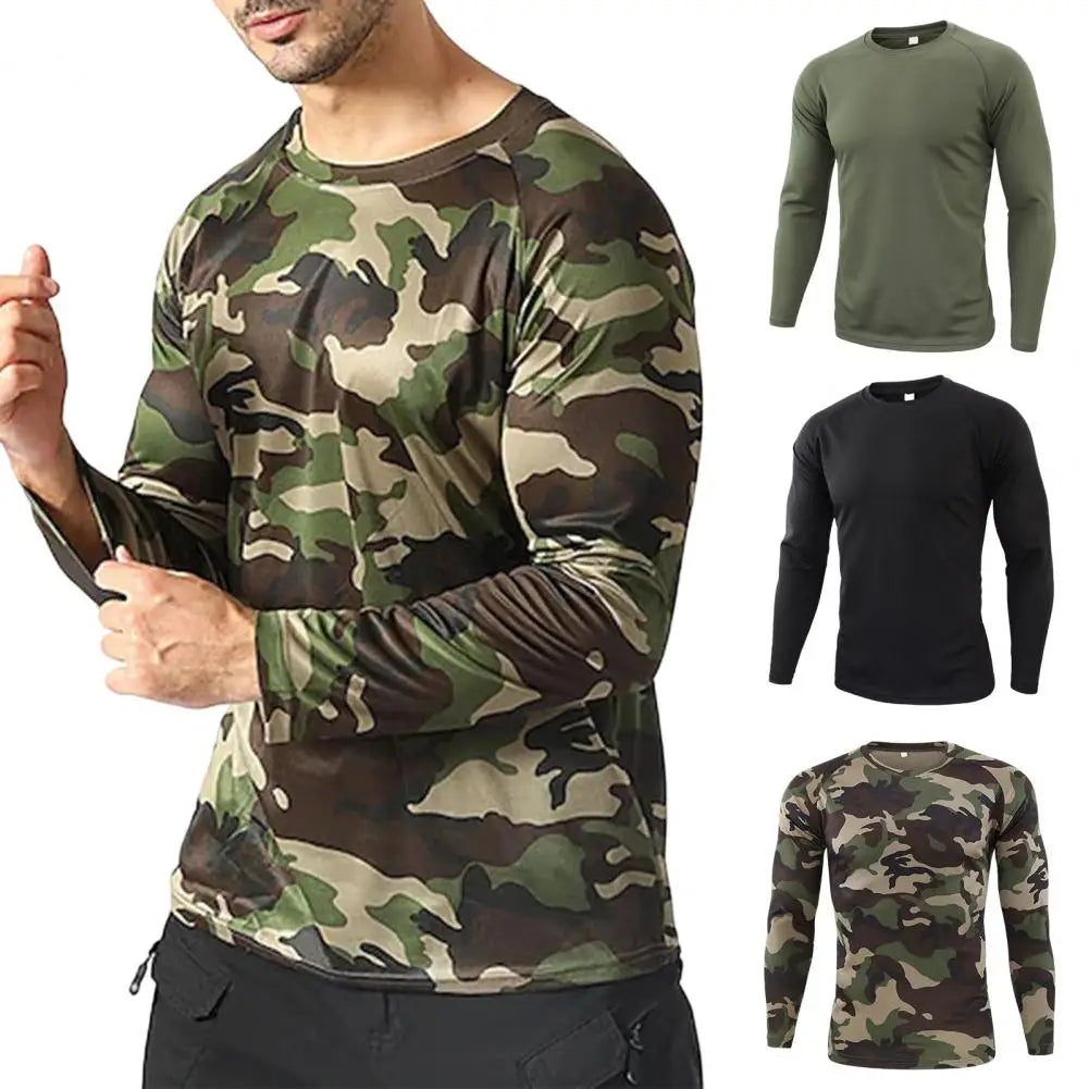 Pullover T-shirt O-neck Long Sleeve Solid Color Camouflage Print Men Top Outdoor Sport Elastic Slim Fit Autumn T-shirt